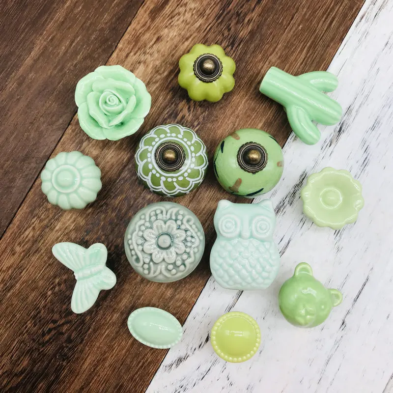 Разные зеленые фарфоровые ручки для ящиков и ручка двери шкафа выдвижная ящика