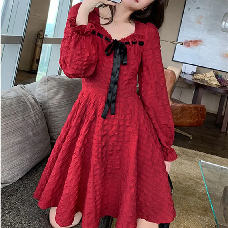 

Women's Spring Autumn Style Chiffon Dress Women's Patchwork V-Neck Lace Up Elegant Vintage Sweet Dress AA3340
