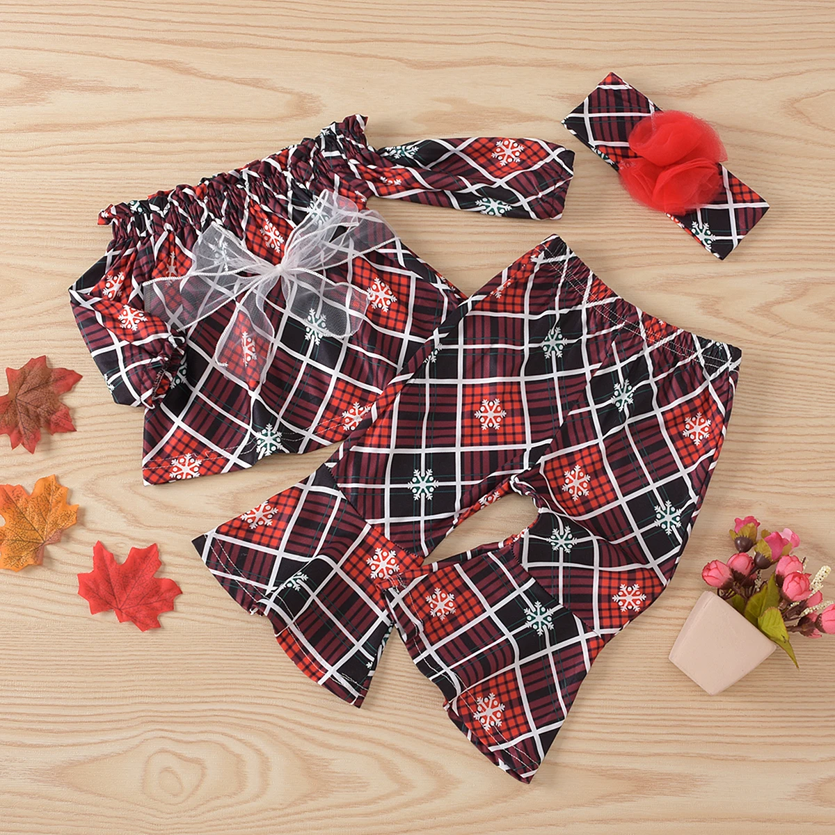 

3pcs Toddler Girl Christmas Outfits Autumn Baby Boy Newborn Xmas Off Shoulder Long Sleeve Plaid Top Flared Pants Headband Set