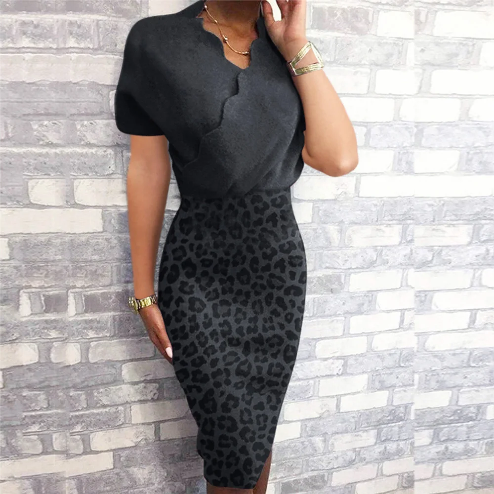

Leopard Patchwork Slim Hips Short Sleeve Summer Women Dress Knee Length Midi Dress Casual Dress