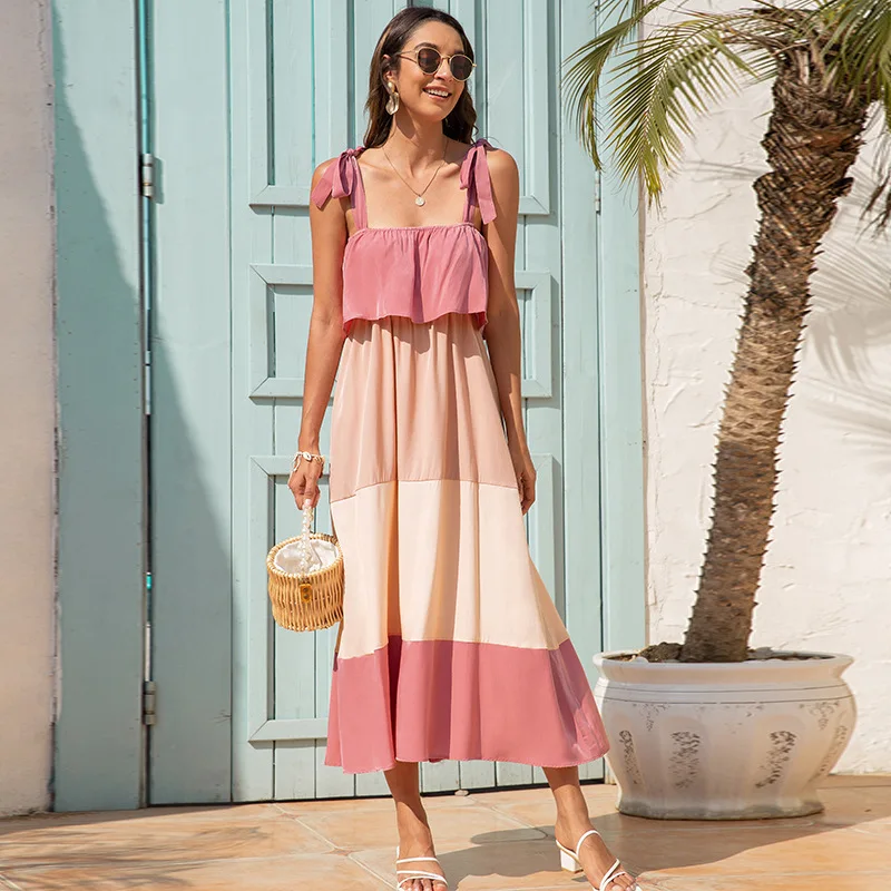 

Yg Brand European And American Women's Clothing 2021 Summer New Sexy Open Back Suspender Skirt Fashion Color Contrast Bow Dress