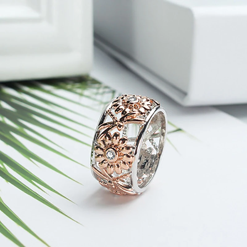 Розовое Золотое рождественское кольцо для женщин медные пустотелые Подсолнухи