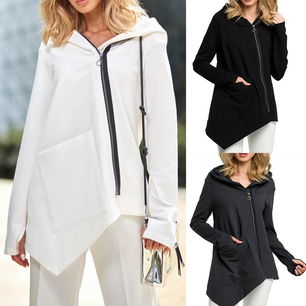 

Hoodies Women Hoody Sweatshirt Casual Solid Zip-up Hooded Polyester Inclined Zipper Design Winter Coat Women Sweatshirt sudadera