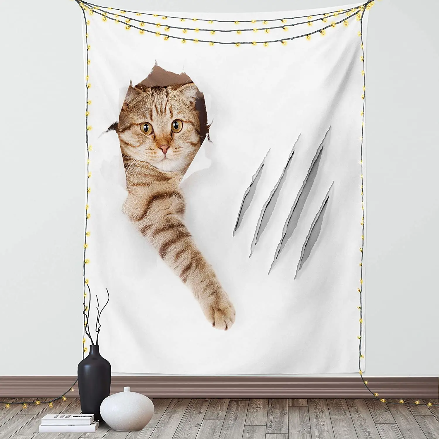 

Фотография детской комнаты, забавная кошка в отверстии с царапинами в когтях, картина для домашних животных, тканевый Настенный декор для с...