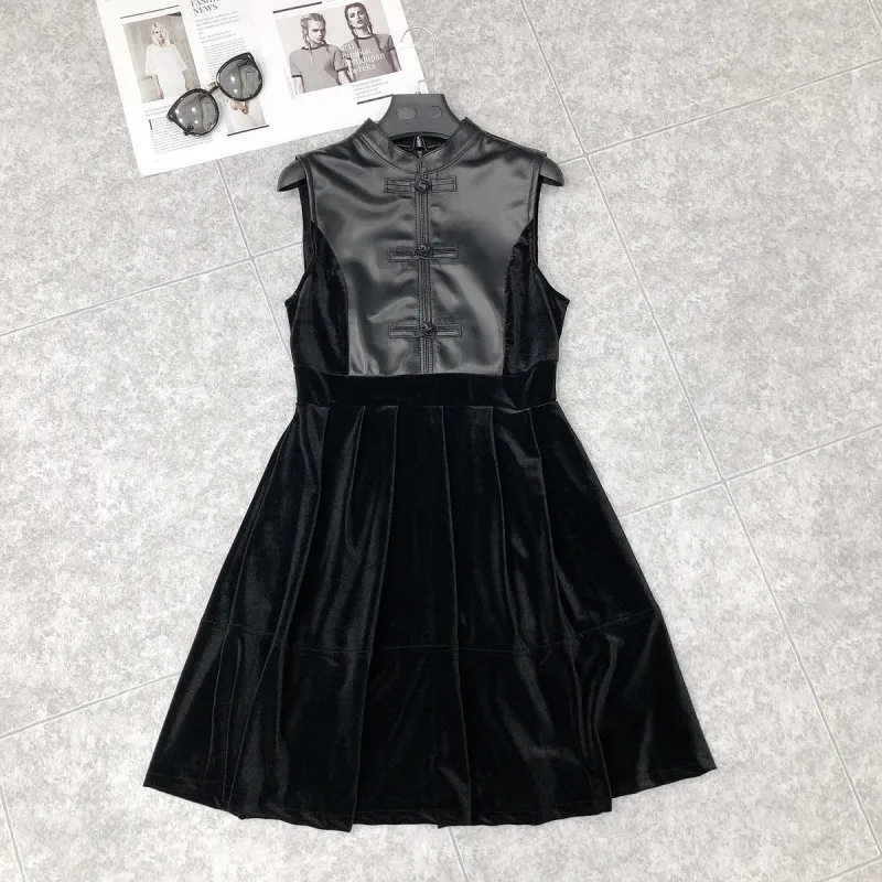 

2021 Autumn Genuine Leather Patchwork Short Dress Women Streetwear High Waist Sleeveless Dress Sweet Zipper Black Dress Female