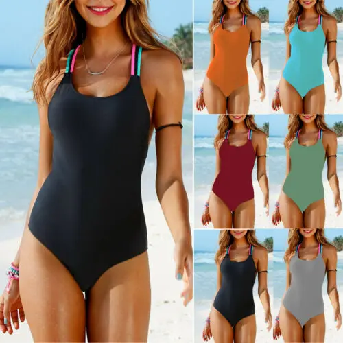 

Womens One Piece Strappy Solid Color Swimsuit Padded Monokini Bikini Bathing Plain Suit Swimwear Beachwear Summer Outwear Cloth