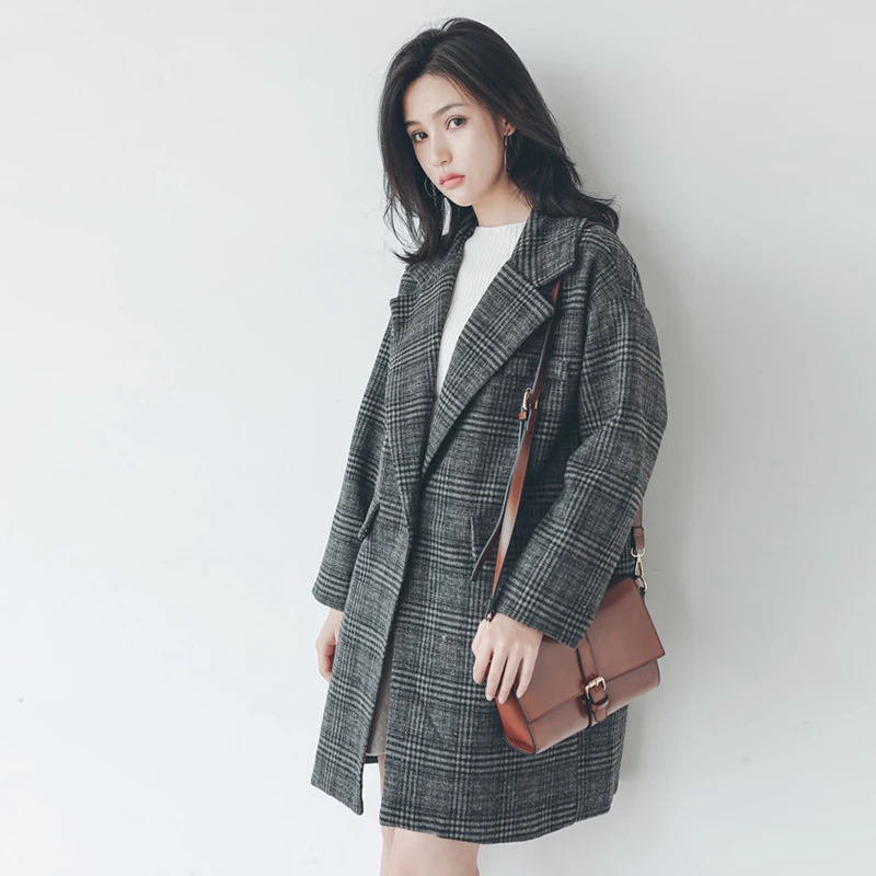 

New Chic Plaid Woolen Women Jacket Thick Office Lady Pockets Work Coat Ladies Loose Double Breasted Outerwear Tops