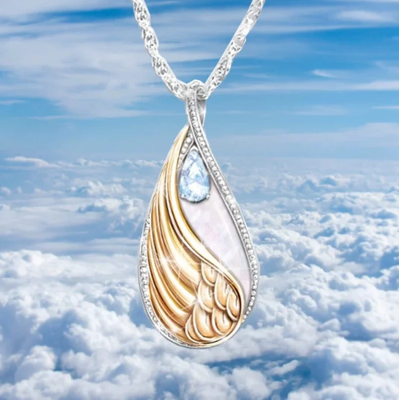 

Popular Fashion Blue Zircon Drop-shaped Angel Wings Necklace Women Romantic Banquet Charm Jewelry Pendant Valentine's Day Gift
