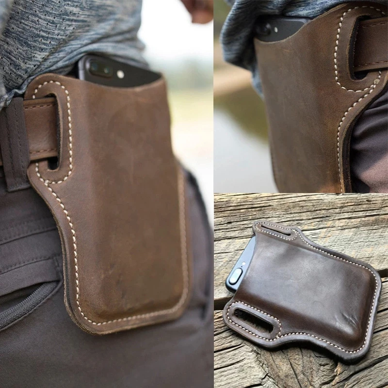 

Men Cellphone Loop Holster Case Belt Waist Bag PU Leather Vintage Mobile Phone Wallet Running Pouch Travel Hiking Bags Soft back