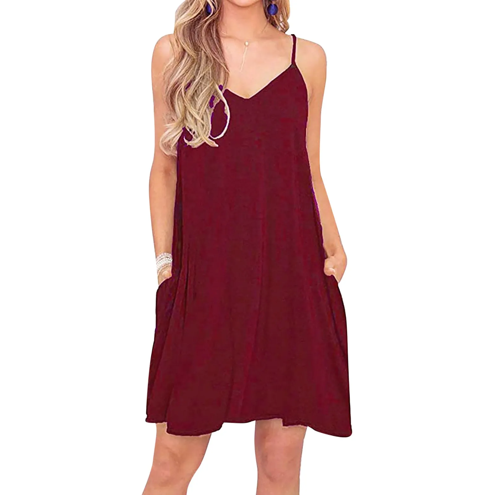 

Женское пляжное мини-платье на бретельках, однотонное Привлекательное платье с V-образным вырезом и карманами, без рукавов, на бретельках, Н...