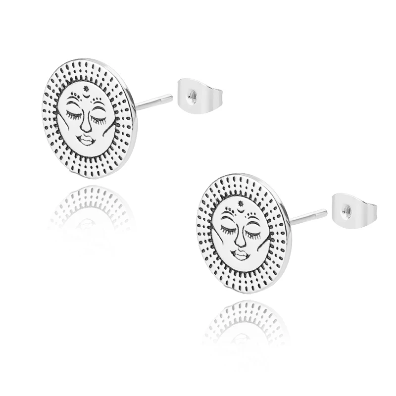 

Gothic Sun Face Stud Earrings For Women Friends Gold Stainless Steel Round Closed Eye Earring Aesthetic Ear Jewelry Bague Femme