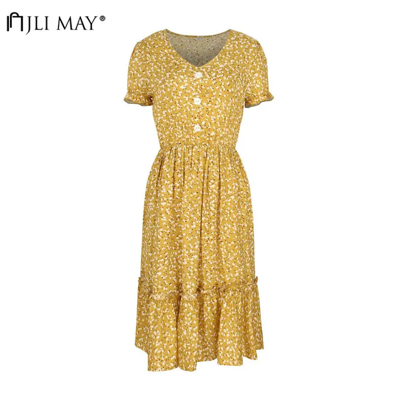 

JLI MAY Summer Floral Print Dress Women V-Neck Puff Sleeve Button Empire A-Line Sweet Ruffle Sundress Beach Holiday Dresses