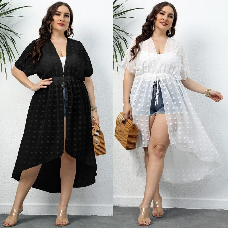

2022 New Plus Size chiffon Beach Dress Women Beach Cover Up Tunic Pareo White V Neck Dress Robe Swimwear Bathing Suit Beachwear