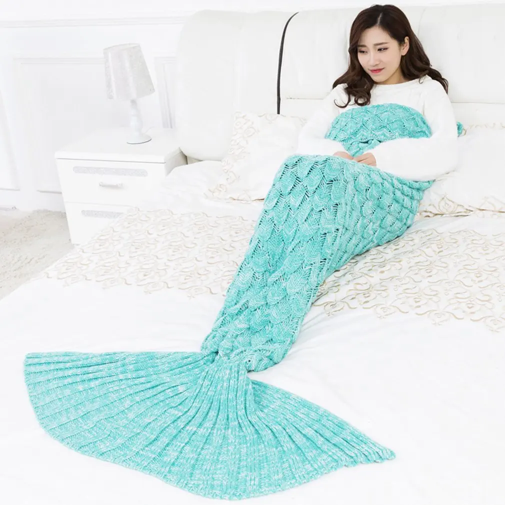 9 Colors Mermaid Blanket Handmade Knitted Sleeping Wrap TV Sofa Tail Kids Adult Baby crocheted bag Bedding Throws | Дом и сад