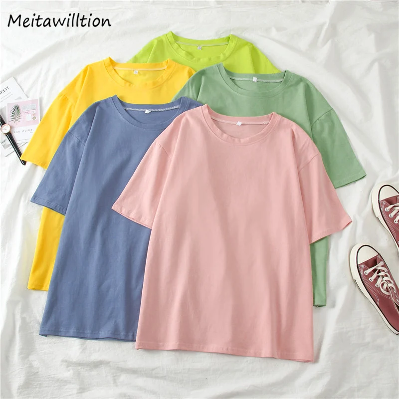 Женские хлопковые футболки 13 цветов лето 2020 футболка с круглым вырезом и длинным
