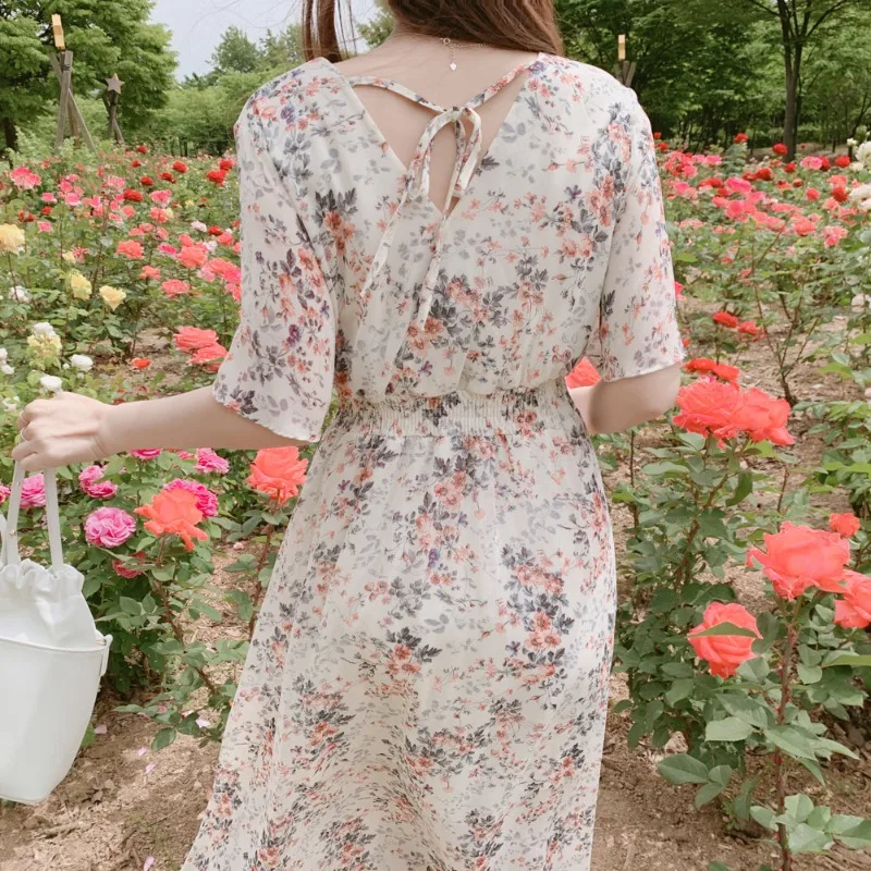 

Floral Overknee Dress Women's 2021 Summer New Retro Fashionable Small Fresh Waist Slimming Elegant Chiffon Dress