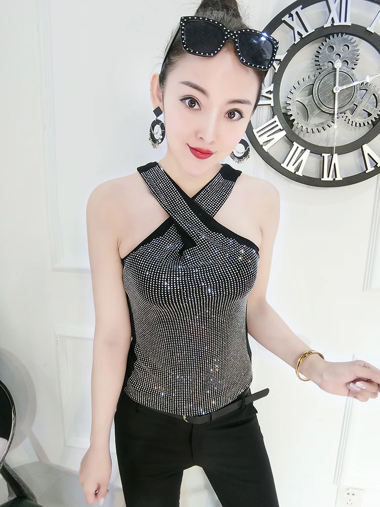 2020 Summer Tank Top Women's Sexy Halter Shirt Hot Drill Diamond Outer Wear Sleeveless Ladies Sext Tops | Женская одежда