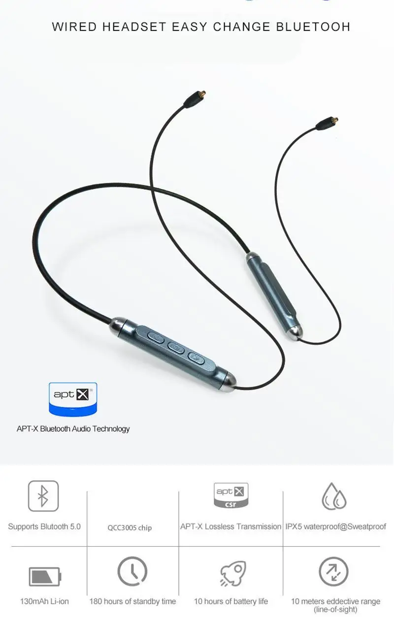 OKCSC Bluetooth 5,0 QCC3005 чип беспроводной APTX MMCX кабель для наушников IPX5 водонепроницаемая поддержка для iPhone AAC SBC SHURE WESTONE W80