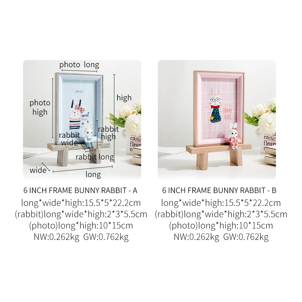 

Home Decoration Accessories Morden Cute Rabbit Metal Frame Room Decor Birthday Gifts 6 inches Wooden Animal Model Photo Frames