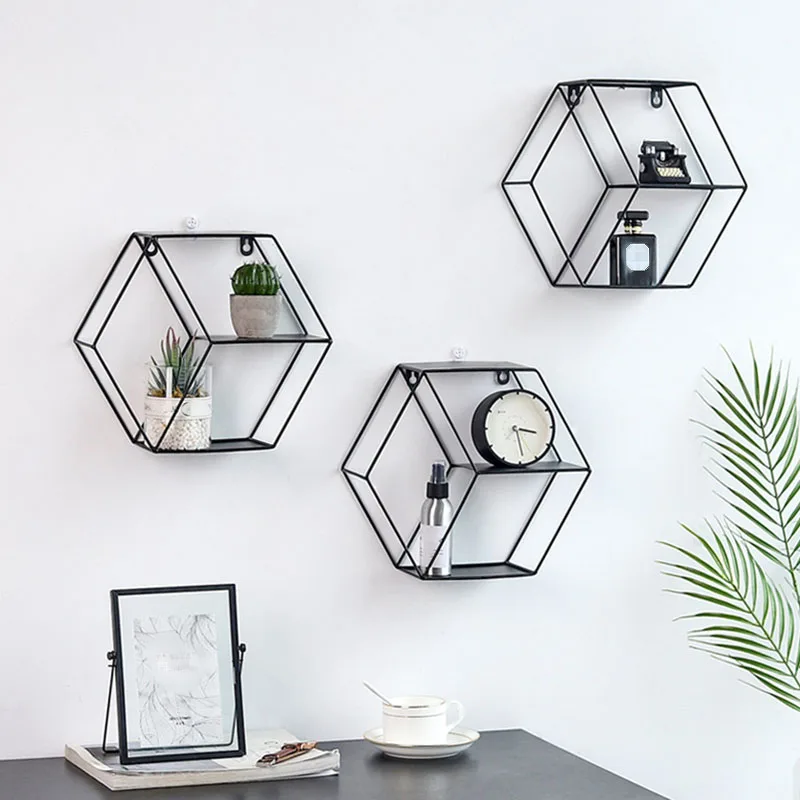 

Hexagon Storage Decor Shelf Iron Craft Wall Home Living Geometric Modern Rack Hot Sale Art