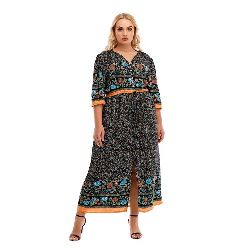 

2021 Summer Dress Plus Size 5XL Women Buttons V Neck Half Sleeve Floral Print Boho Beach Dress Split Front Maxi Long Dresses