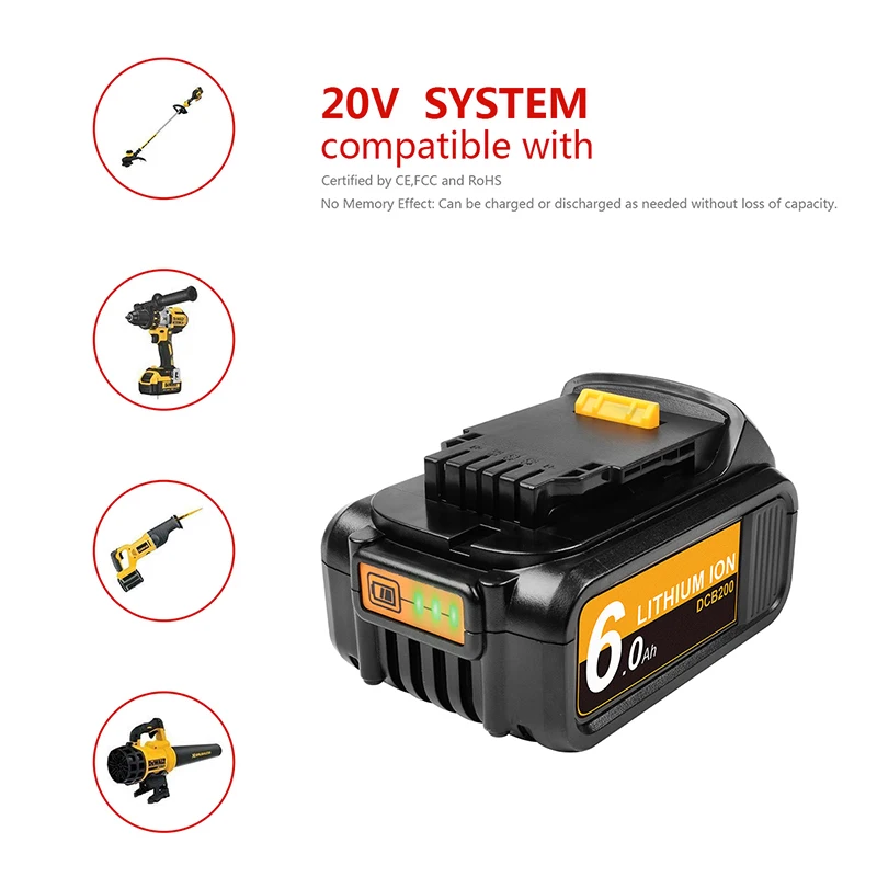 6000 мА/ч 20V MAX DCB200 DCB180 DCB205 Батарея для Dewalt DCB204 DCB101 DCF885 DCD980 DCB181 DCB182 беспроводные