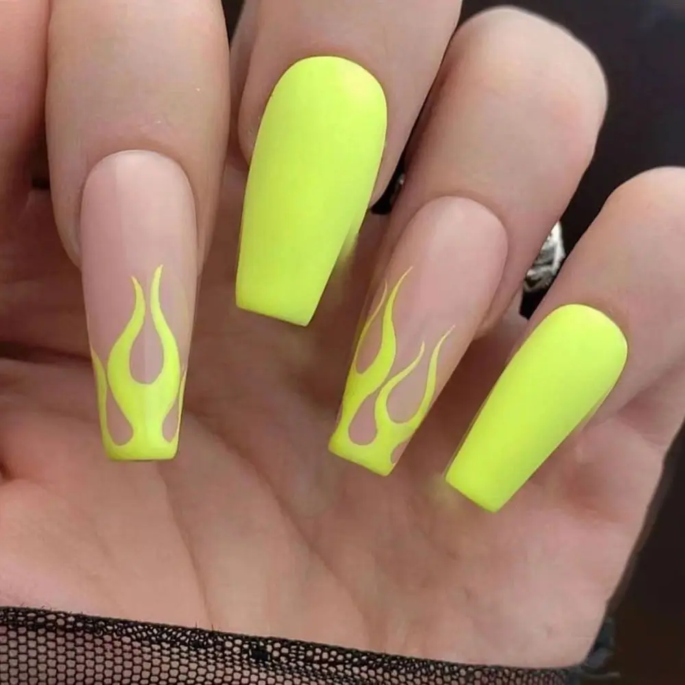 

24Pcs Coffin False Nails yellow design Artificial Ballerina Fake Nails With Glue Full Cover Nail Tips Press On Nails