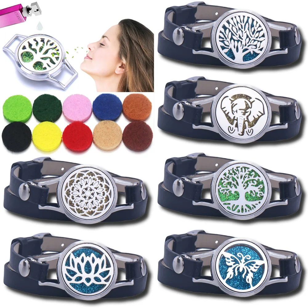 

Hollow round semi-precious stone aromatherapy essential oil diffuser, stainless steel black leather strap multi-layer bracelet