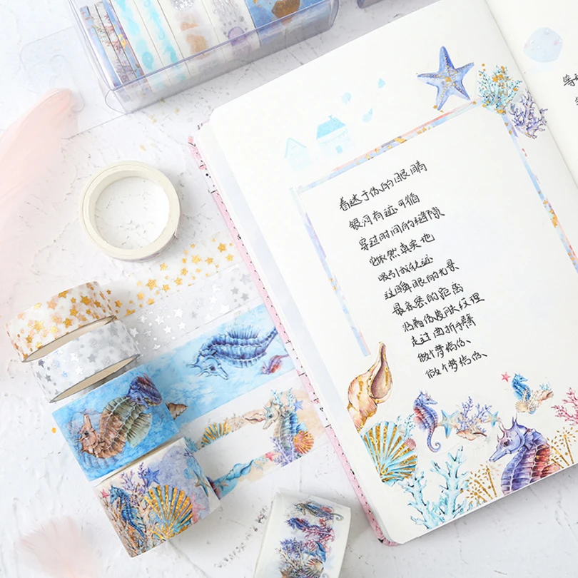 

Ocean Washi Tape Set Decorative Washi Tape 4Pcs Or 9Pcs Ribbons Diary Underwater World Masking Tape 3m Gold Foil Washitape