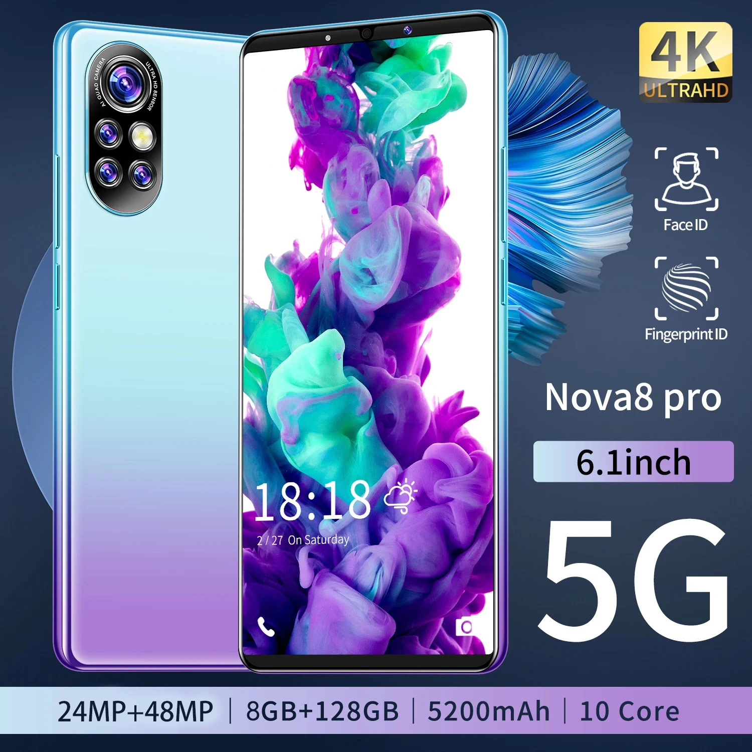 

Nova8 Pro 6.1 Inch 8GB+128GB Dual SIM 5200mAh Fingerprint ID Cheap Smart Phone Global Version 10 Core MTK6889 1440*3200 Celular