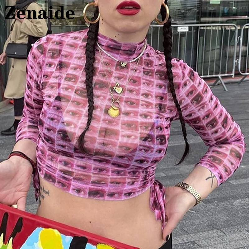 

Zenaide Eyes Print Long Sleeve Crop Tops Y2K Fashion Goth Mesh O Neck Sexy Lace Up Women Autumn Vintage T Shirt 90S