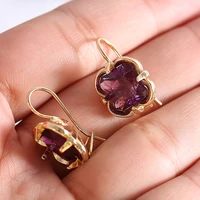 gold flower purple stone hook earrings for women vintage retro bohemian amethyst cryst pendant dangle earring fashion jewelry