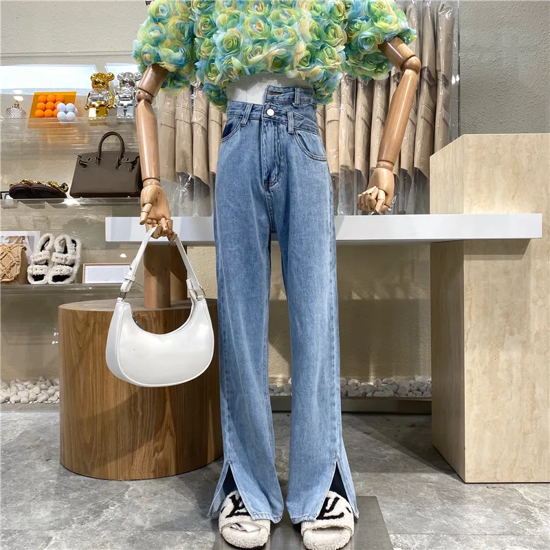 

2021new Personality Trend Irregular High Waist Straight Tube Jeans Female Show Tall Show Thin Joker Leisure Slit Floor Trousers