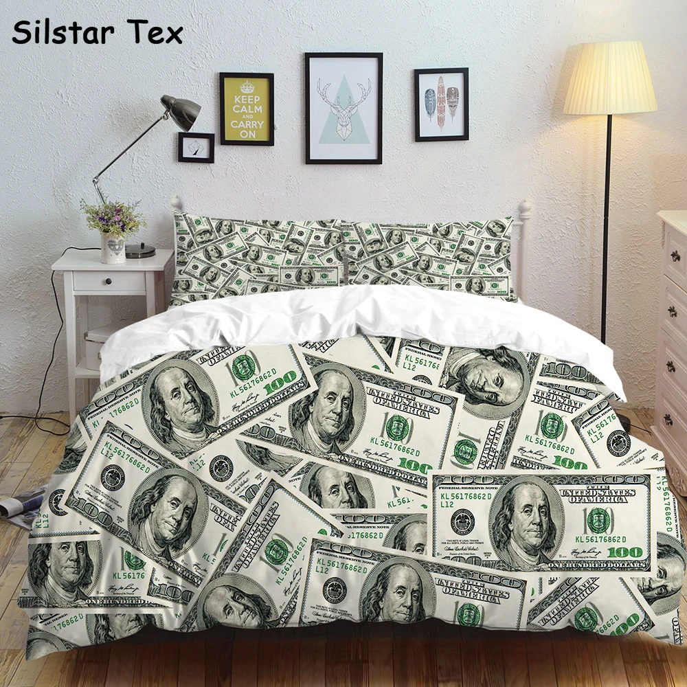 

Silstar Tex US Dollar Banknote Bedding Sets Linen Set Washable Cool Beds Duvets Cover Sheet Home Euro Style 3cs/set