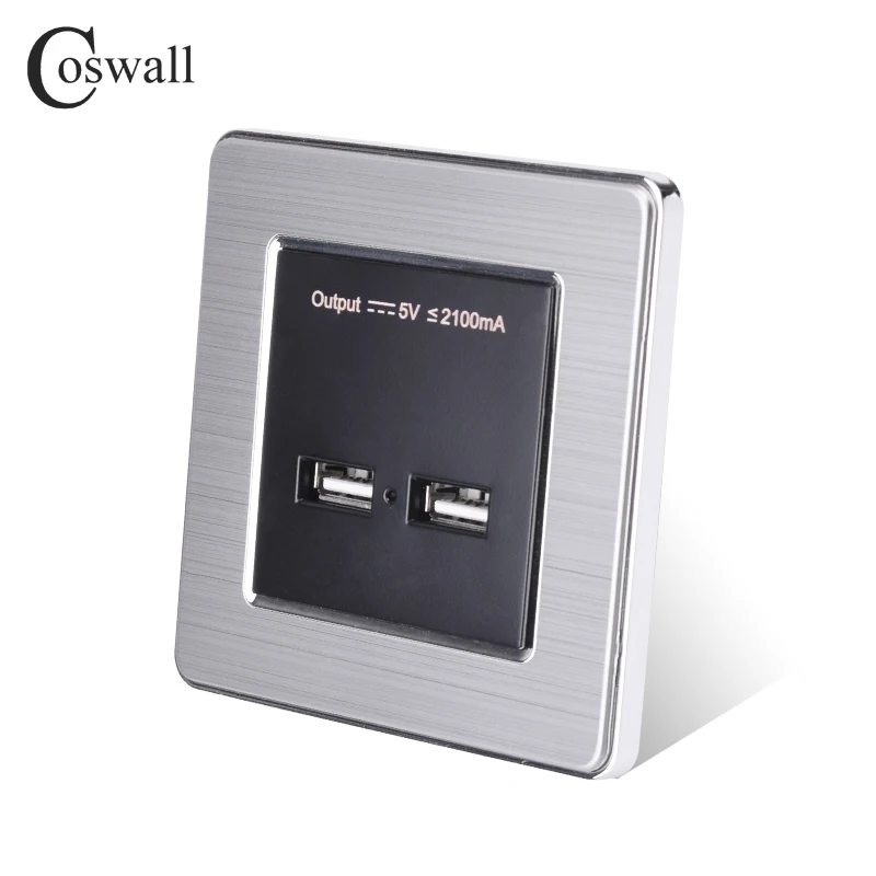 COSWALL настенная розетка с двумя usb-портами для зарядки для мобильных телефонов 5 в 2,1 А, светодиодный индикатор, панель из нержавеющей стали