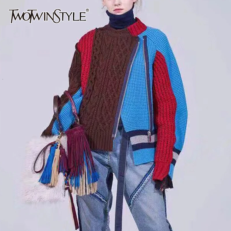 TWOTWINSTYLE лоскутный хит цвета женский свитер с длинным рукавом и круглым вырезом на
