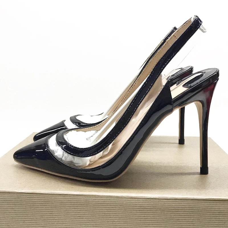 

Newest Black Patent Leather Women Shoes Stiletto Heels Clear PVC Patchwork Pumps Pointed Toe Thin Heels Slingback Sandals