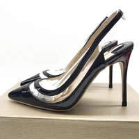 newest black patent leather women shoes stiletto heels clear pvc patchwork pumps pointed toe thin heels slingback sandals