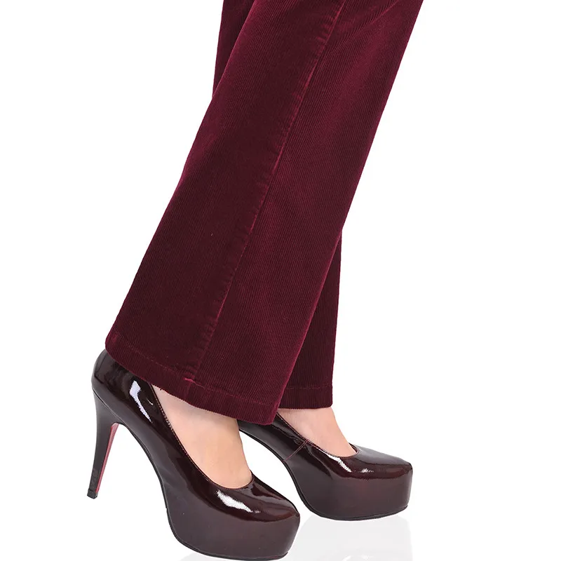 Большие размеры женские осенние вельветовые брюки с высокой талией эластичные