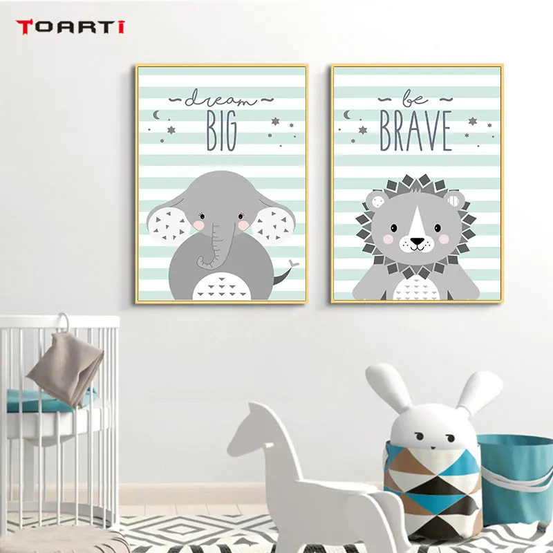 Мультфильм Животные Лев ПЕЧАТЬ Плакаты дети картина с цитатой отважный вид буквы