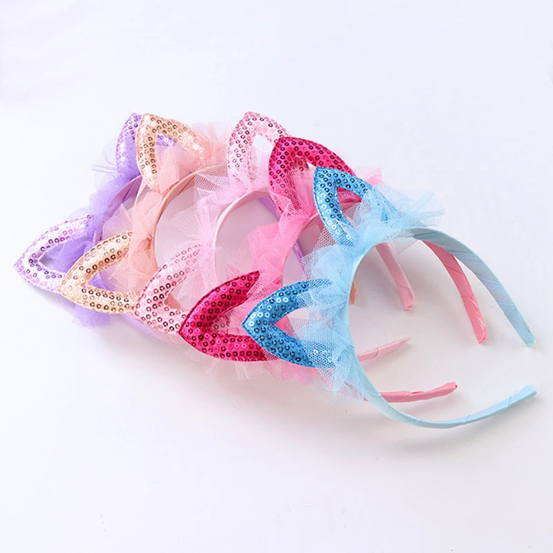 Детский ободок для волос цветной кружевной с блестками и кошачьими ушками