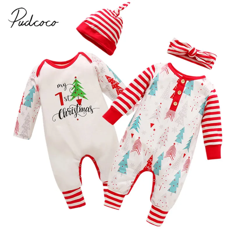 

Christmas Inafnt Newborn Baby Girls Boys Christmas Romper Long-Sleeved Jumpsuit Fall Tree Stripes Loose Clothes +Hat / Headband