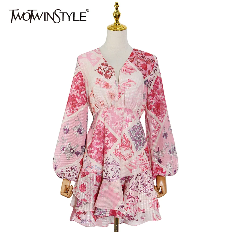 

Женское винтажное платье TWOTWINSTYLE, платье-мини с v-образным вырезом, длинным рукавом и бантом, летняя одежда 2021