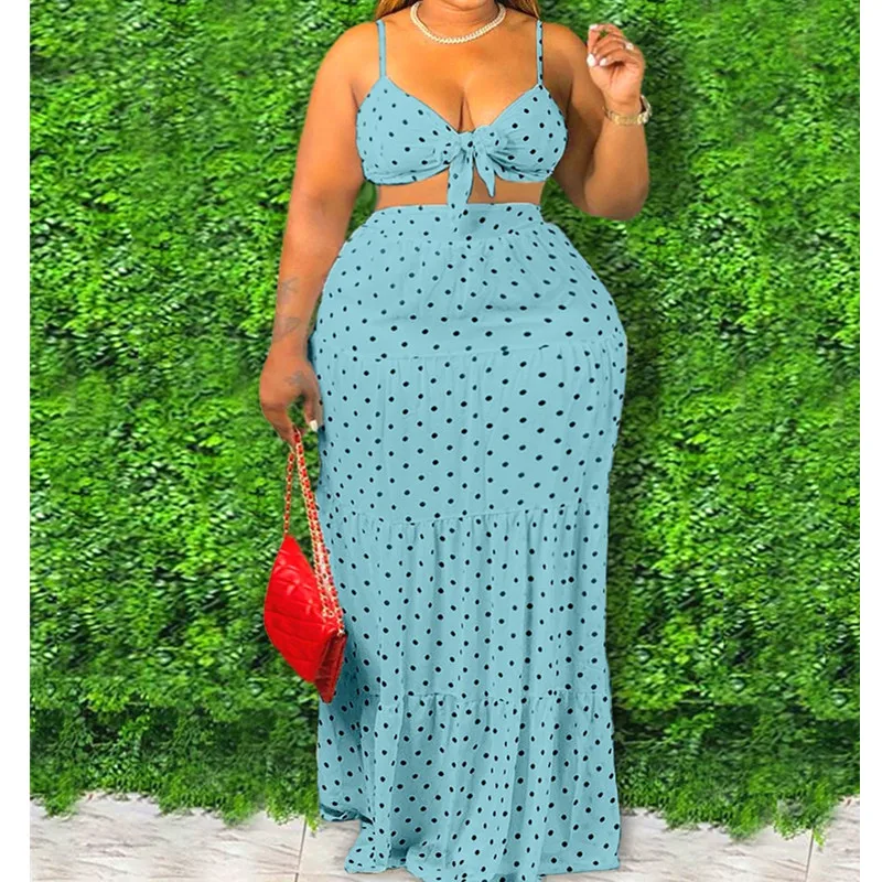 

5XL Plus Size Two Piece Set Women Summer Clothing Wholesale Sexy Sweet Bra and Maxi Skirt Dots Print Matching Suit Dropshipping