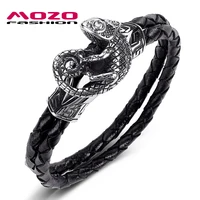 new mens bangles fashion jewelry black double layer leather stainless steel punk lizard charm chameleon bracelets ps1047