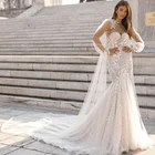 Женское свадебное платье с открытой спиной, длинное фатиновое платье с цветочным принтом и запахом русалки, свадебное платье со съемной накидкой без бретелек, 2021
