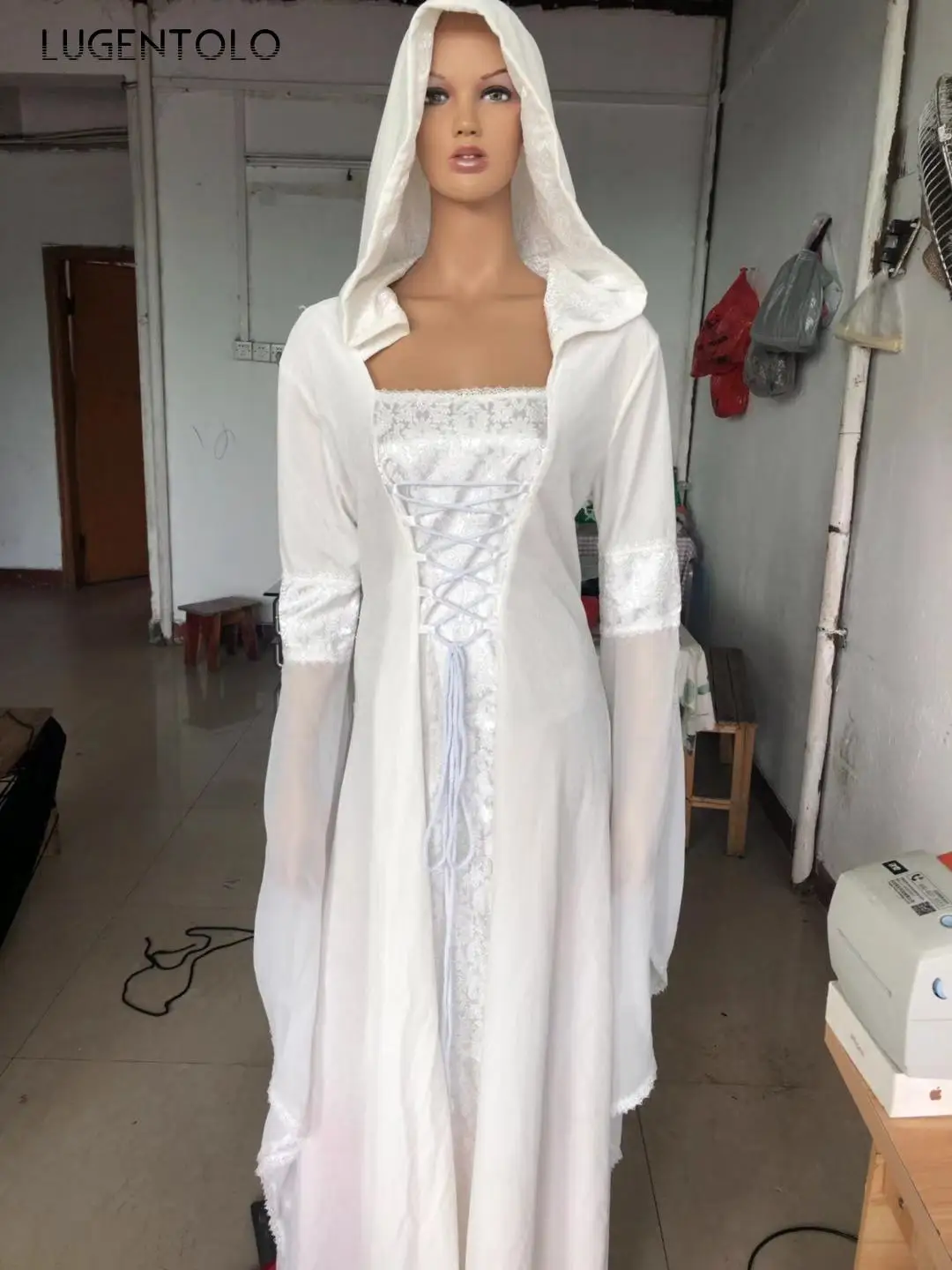 

Lugentolo Women Dress Simple Vintage Dresses Hooded Long Sleeve Slim Bandage Waist Solid Elegant Big Swing Women's Maxi Dress