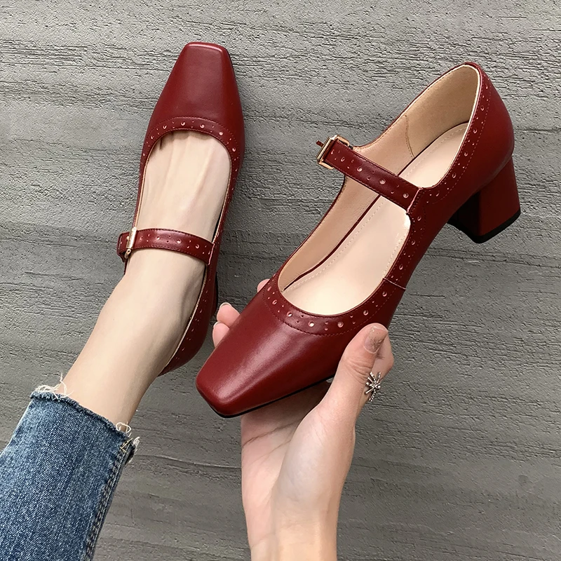 

2021 Newest Genuine Leather Platform Women'S Shoes Mary Janes med heels Shoes Woman Heels Spring Party Dancing Women's Shoes