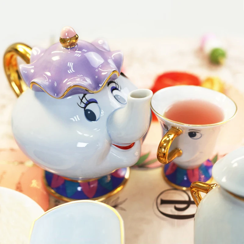 

Genuine Cartoon Beauty And The Beast Tea Set Mrs Potts Teapot Chip Cup Sugar Bowl Pot Set Coffee Kettle Christmas Gift