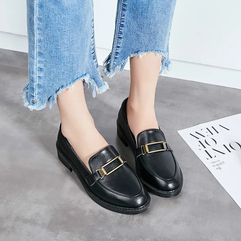New Women Flat Shoes Round Toe Lace-Up Oxford Shoes Woman Genuine Leather Brogue Women Platform Shoes Women Loafers